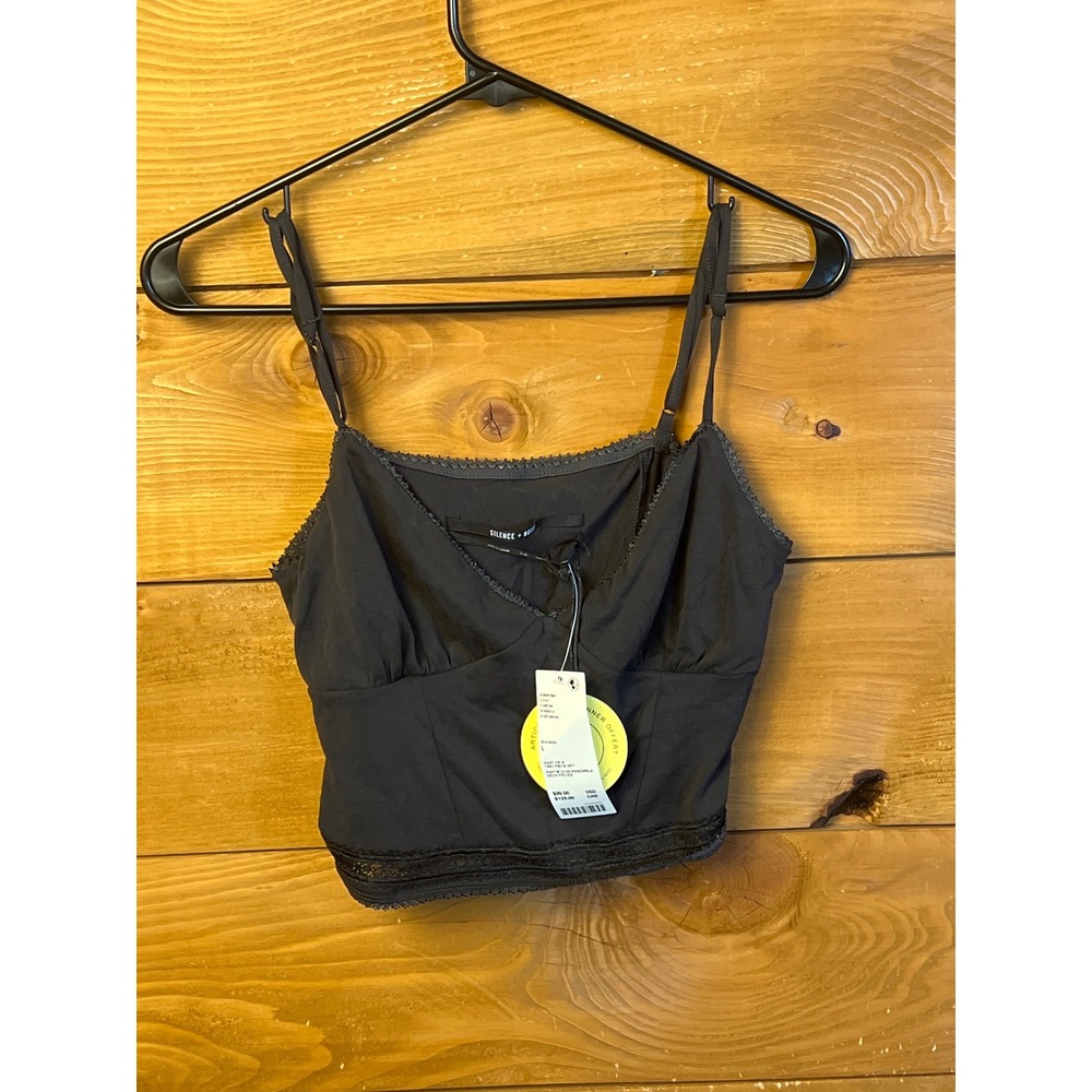 Silence + Noise Cropped Cami‎ Top Black Lace Trim Adjustable Straps Large Womens